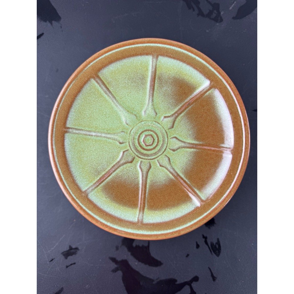Vtg Frankoma Appetizer Plates Set of 7 Brown Green‎ Wagon Wheel Sunburst 6.5